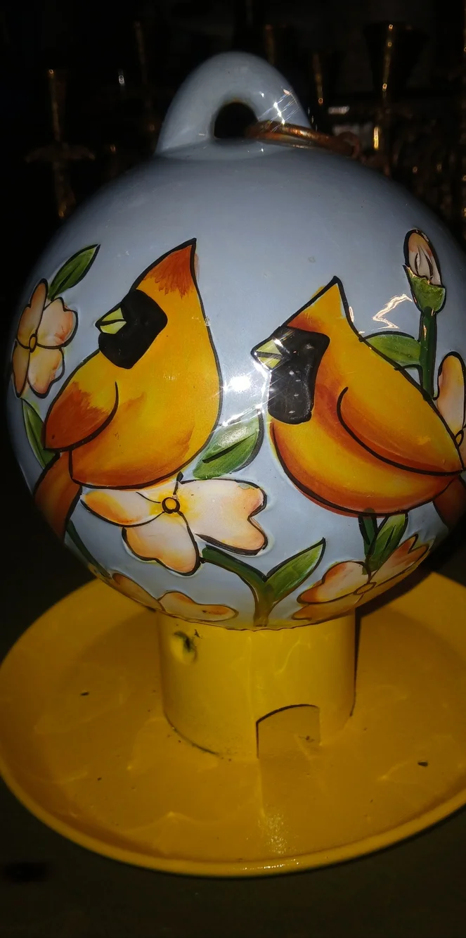 Ceramic Cardnial Pair Globe Bird Feeder.